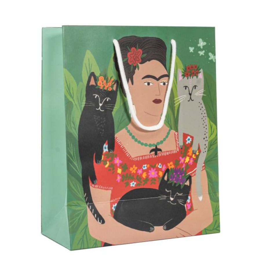 Frida and Her Catlos Bag pictured on white background in two sizes