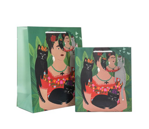 Frida and Her Catlos Bag pictured on white background in two sizes