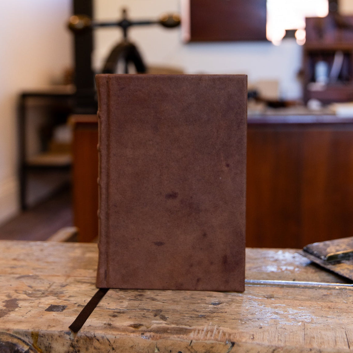 The small SB Libris aged goatskin full leather journal standing upright, with its soft brown leather cover and subtle spine ridges visible.