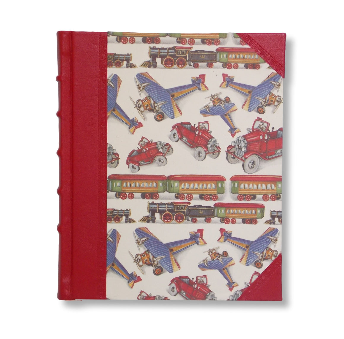Red leather kids photo album - planes, trains and automobiles