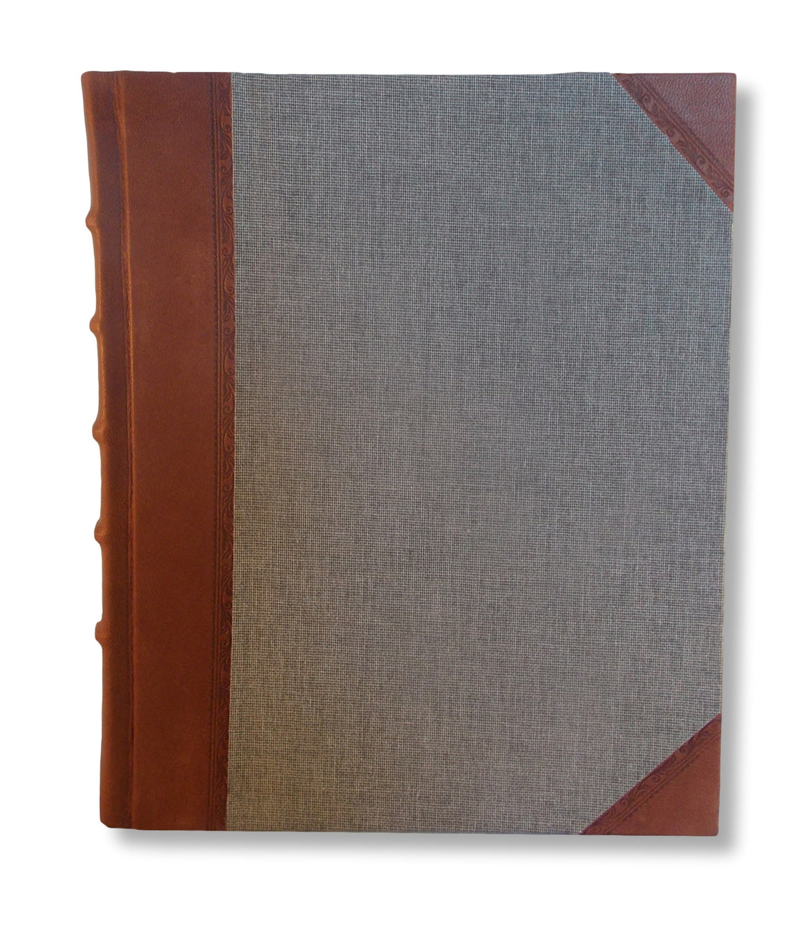 A classic leather photo album featuring brown leather spine with hand tooling and book cloth sides