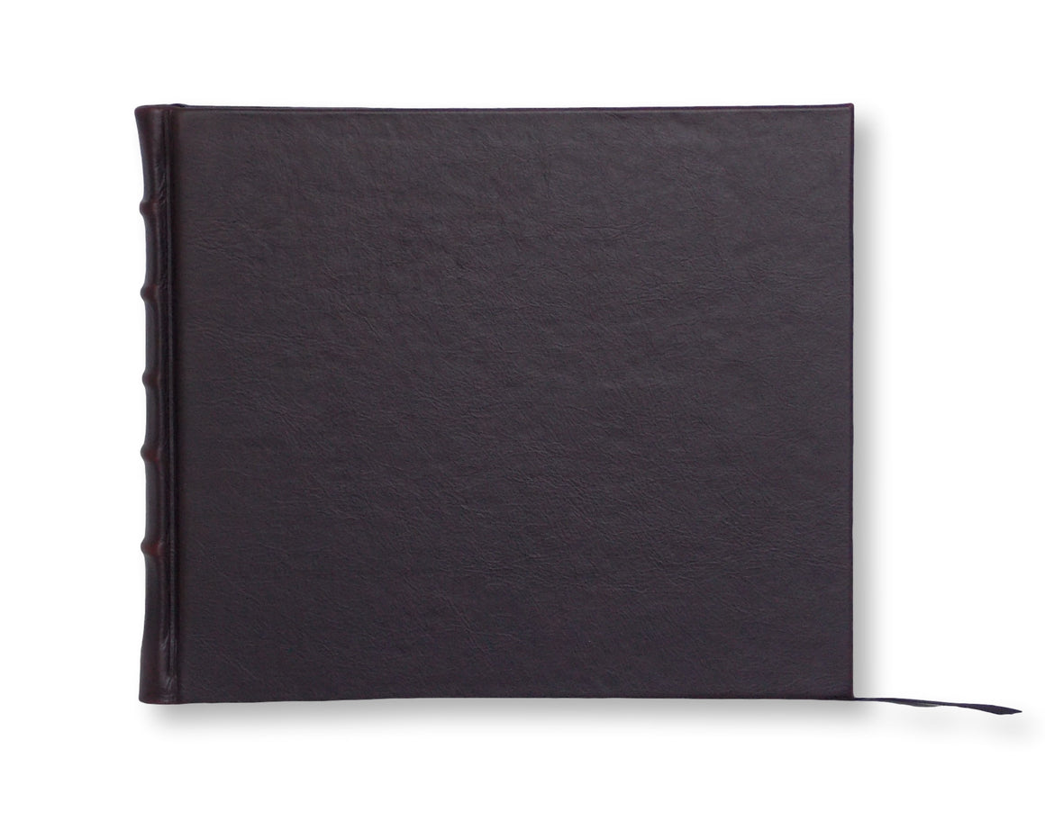 Large Black Leather Printed Page Guest Book on a white background