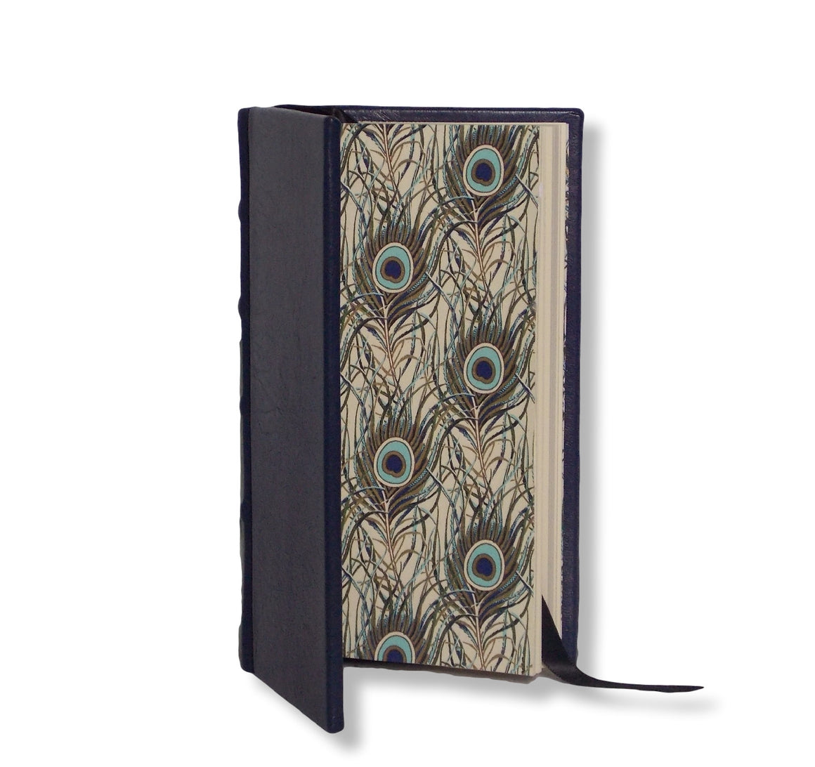 Navy leather slimline journal with peacock design end papers
