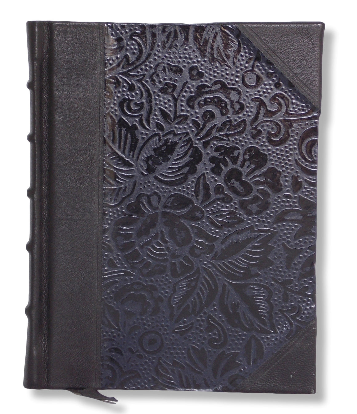 Black photo album featuring leather spine and corners and embossed paper sides