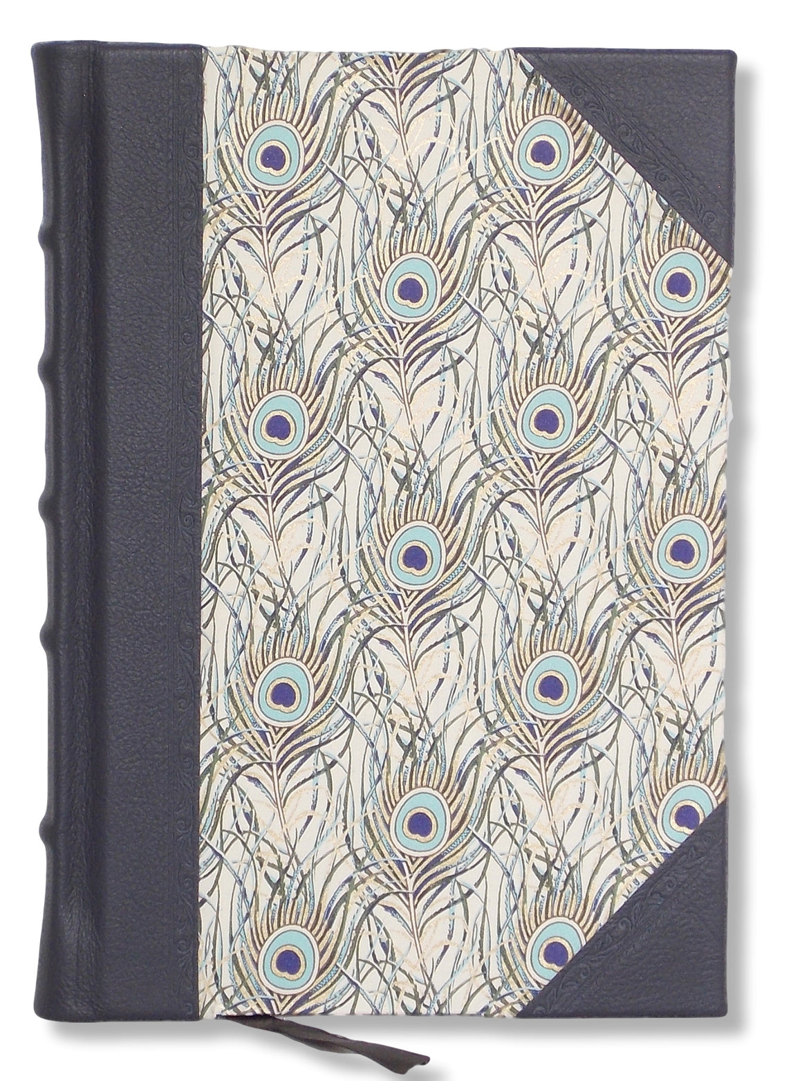 Half leather journal with gold embossed peacock design sides